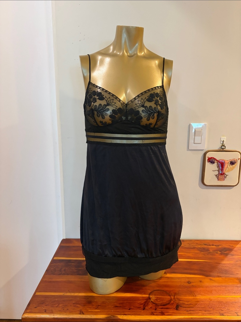 La Perla Silk Sheer Lace-Trim Black Chemise with Floral Bodice Size 3 - Medium